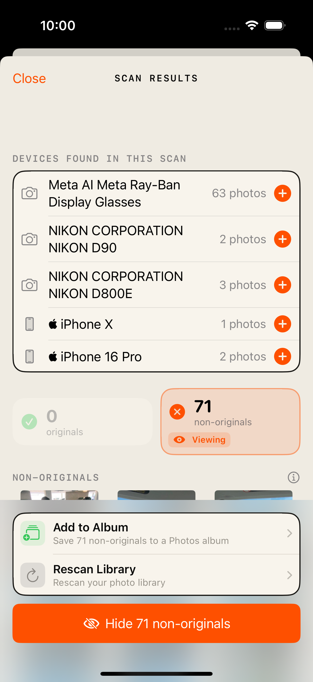 MyOriginals scan results showing device breakdown, keep and hide counts, thumbnail previews, and confirm hide button