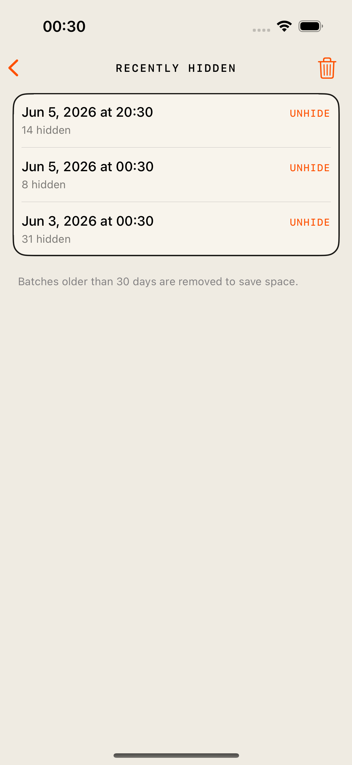 MyOriginals Recently Hidden screen for reviewing and unhiding photos